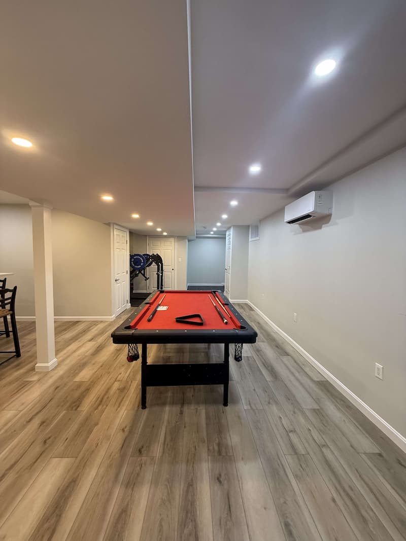 Pool table in a newly remodeled finished basement in Kingston, MA